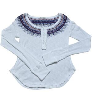 We The Free White Embroidered Ribbed Henley Waffle knit Top S Boho Cottagecore